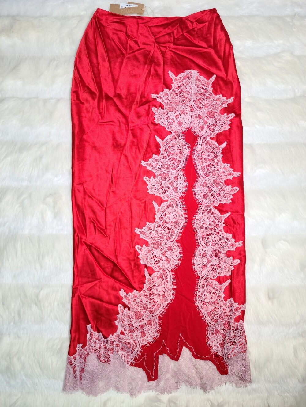 SKIMS Silk Lace Slip Skirt Ruby Contrast Women XS NEW